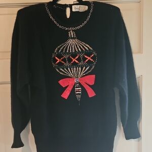 Marisa Christina Black Sweater with Red Ornament Design